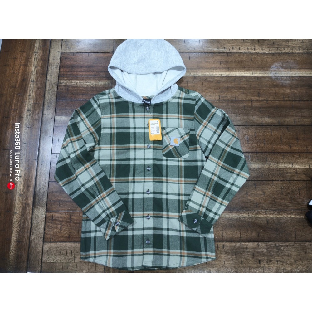 Carhartt Boys Green Plaid Hooded Flannel Shirt LS Button Front Medium 10-12 NEW